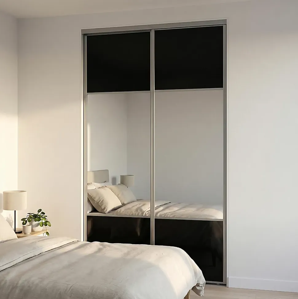 Porte de placard coulissante avec miroir noir profil gris GoodHome Arius H. 248,5 x L. 77.2 cm + amortisseurs