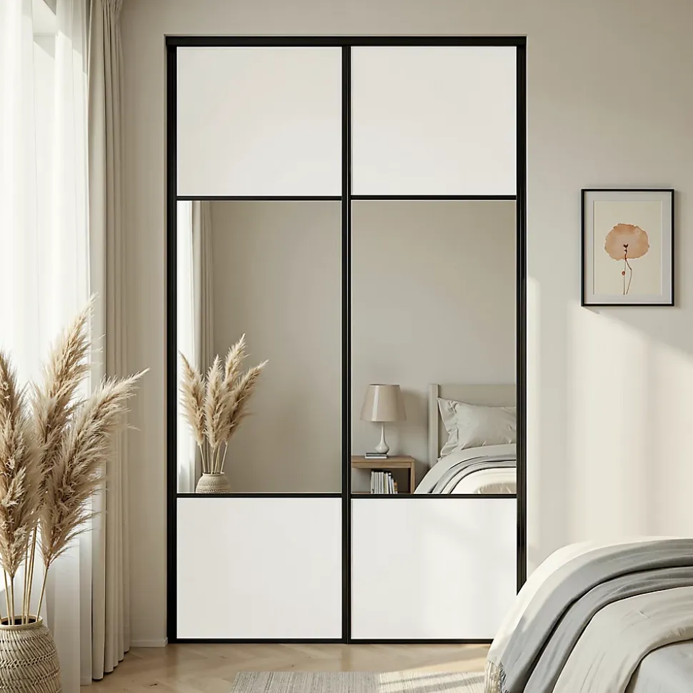 Porte de placard coulissante avec miroir blanc brillant profil noir GoodHome Arius H. 248,5 x L. 62.2 cm + amortisseurs