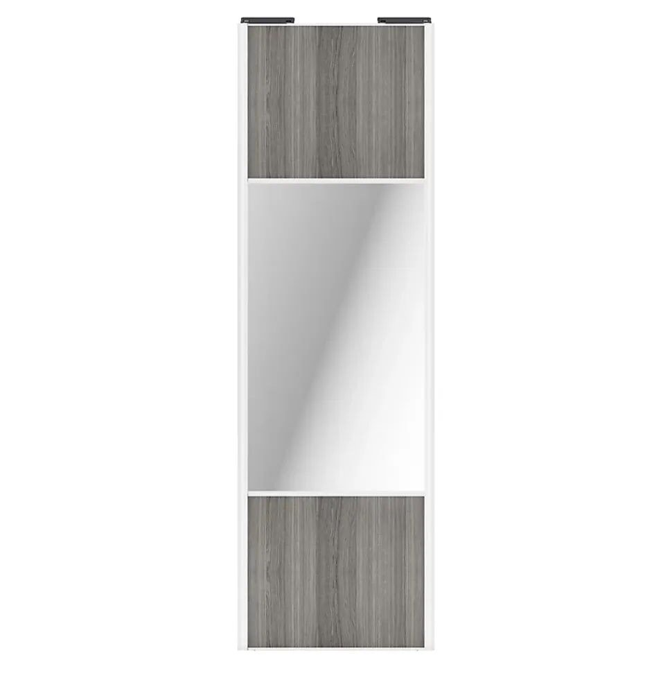Porte de placard coulissante avec miroir effet chêne grisé profil blanc GoodHome Arius H. 248,5 x L. 77.2 cm + amortisseurs