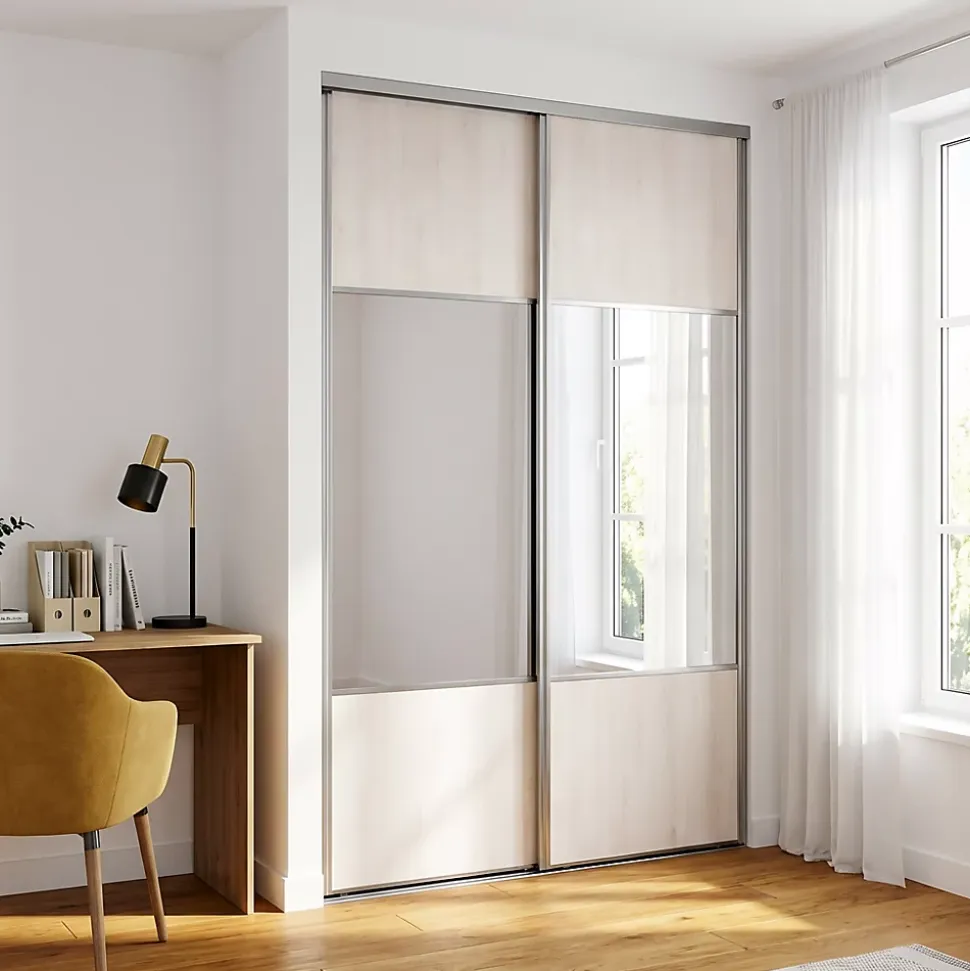 Porte de placard coulissante avec miroir bois nordique profil gris GoodHome Arius H. 248,5 x L. 92.2 cm + amortisseurs
