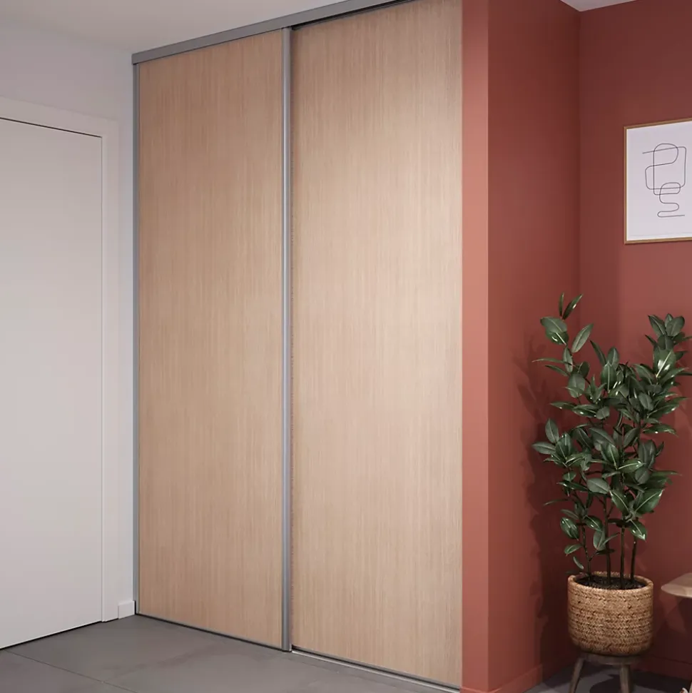Porte de placard coulissante effet chêne clair profil gris GoodHome Arius H. 248,5 x L. 92.2 cm + amortisseurs