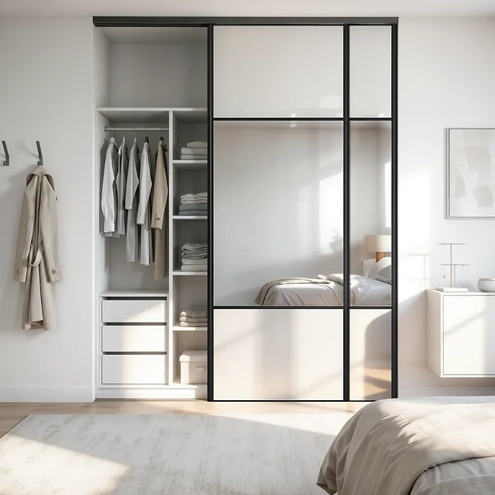 Porte de placard coulissante avec miroir blanc brillant profil noir GoodHome Arius H. 248,5 x L. 92.2 cm + amortisseurs