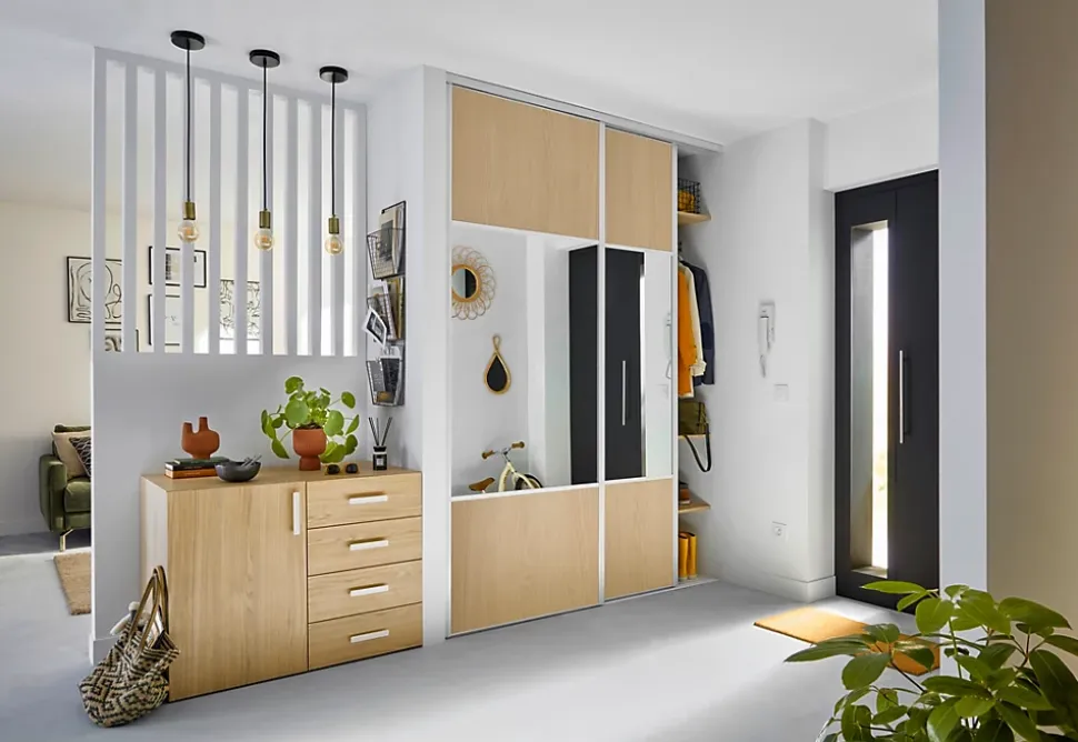 Porte de placard coulissante avec miroir effet chêne clair profil blanc GoodHome Arius H. 248,5 x L. 92.2 cm + amortisseurs