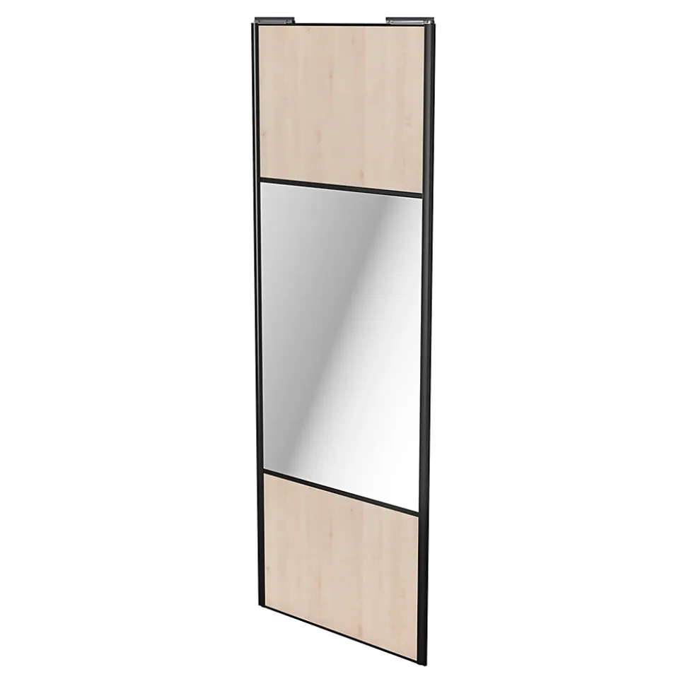 Porte de placard coulissante avec miroir effet chêne clair profil noir GoodHome Arius H. 248,5 x L. 92.2 cm + amortisseurs