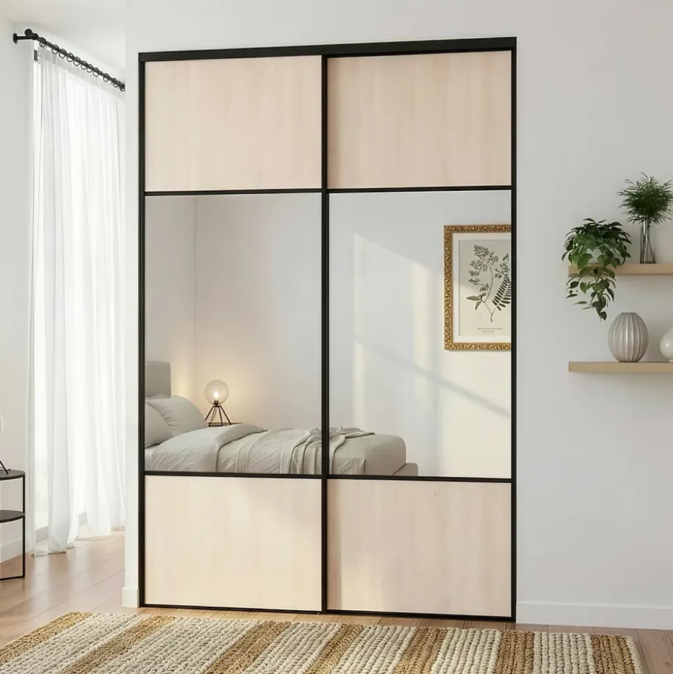 Porte de placard coulissante avec miroir effet chêne clair profil noir GoodHome Arius H. 248,5 x L. 92.2 cm + amortisseurs
