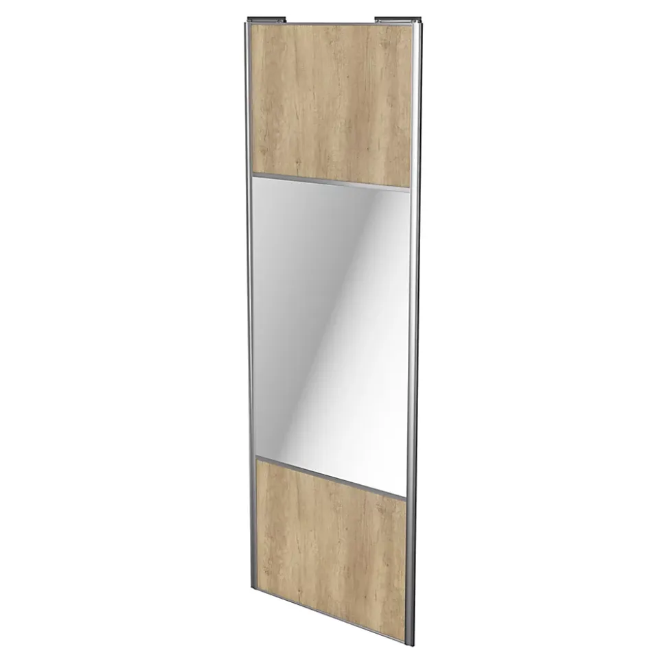 Porte de placard coulissante avec miroir effet chêne brut profil gris GoodHome Arius H. 248,5 x L. 92.2 cm + amortisseurs