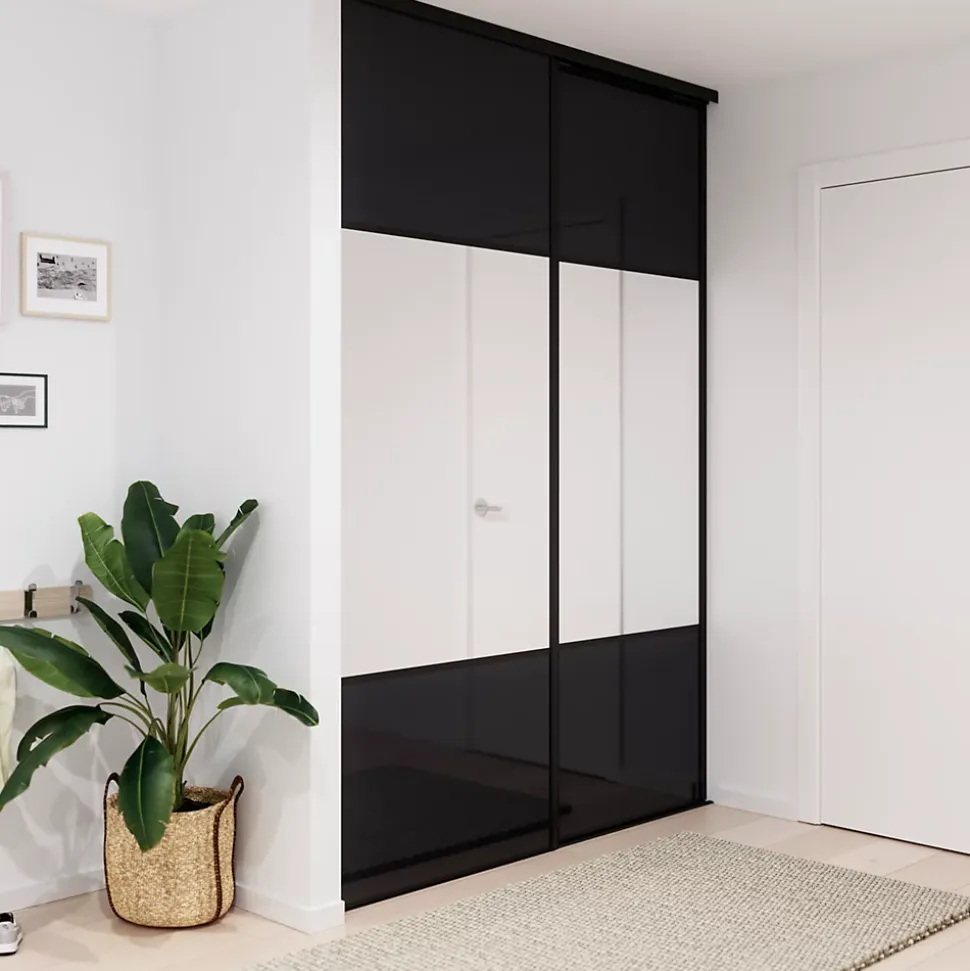 Porte de placard coulissante avec miroir noir profil noir GoodHome Arius H. 248,5 x L. 92.2 cm + amortisseurs