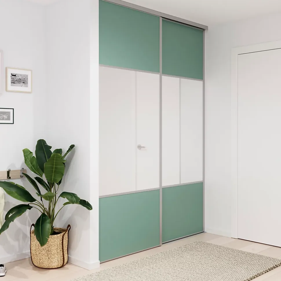 Porte de placard coulissante avec miroir vert de gris profil gris GoodHome Arius H. 248,5 x L. 77.2 cm + amortisseurs