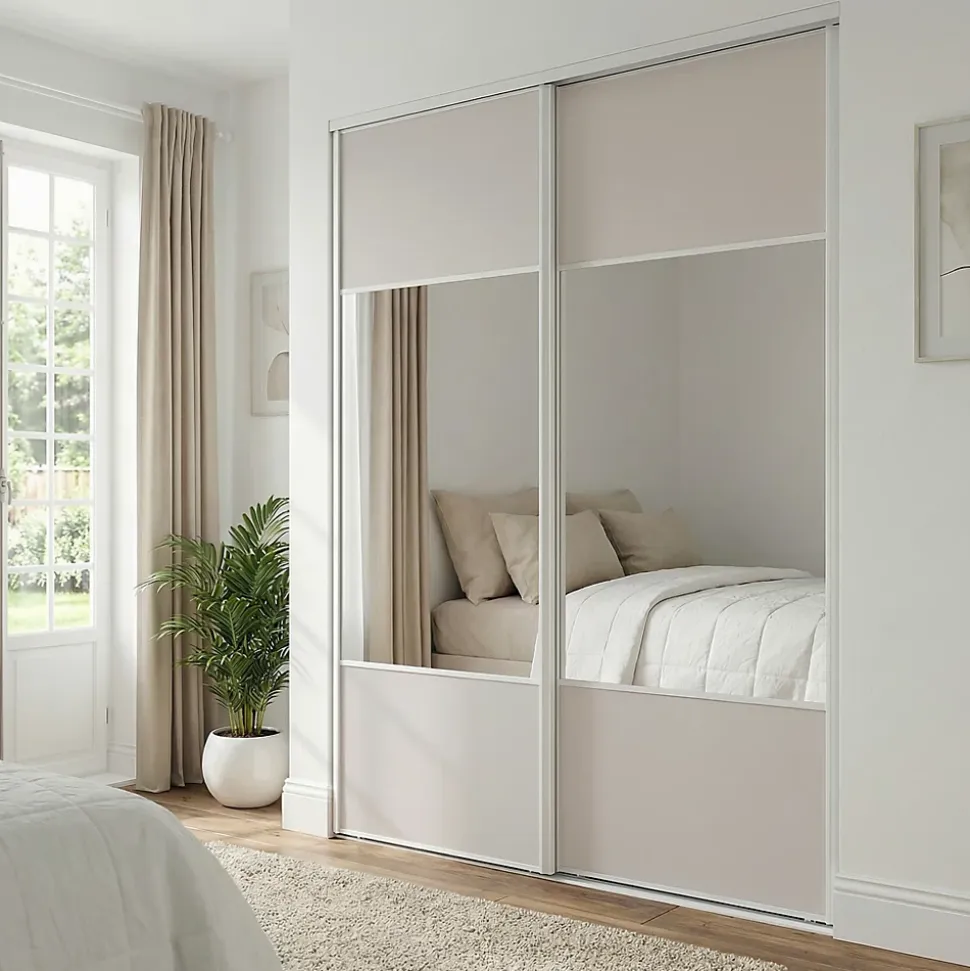 Porte de placard coulissante avec miroir gris clair mat profil blanc GoodHome Arius H. 248,5 x L. 92.2 cm + amortisseurs