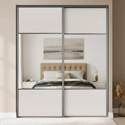 Porte de placard coulissante avec miroir gris clair mat profil gris GoodHome Arius H. 248,5 x L. 92.2 cm + amortisseurs