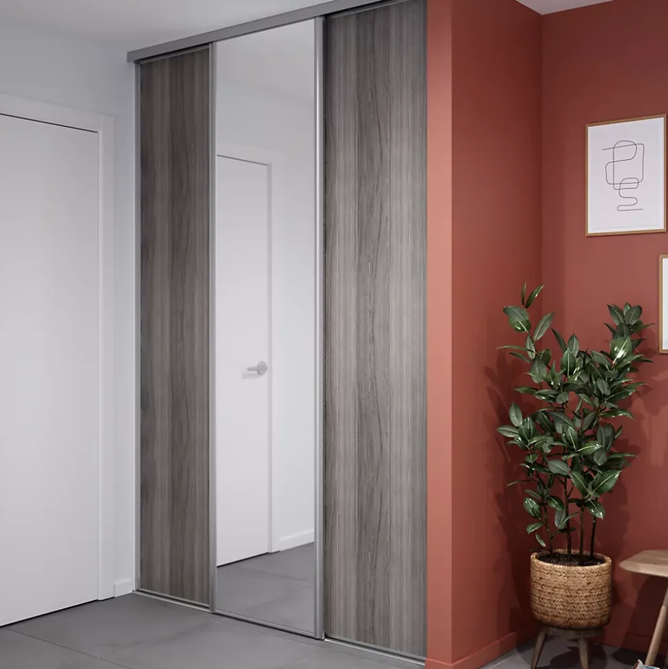 Porte de placard coulissante effet chêne grisé profil gris GoodHome Arius H. 248,5 x L. 62.2 cm + amortisseurs