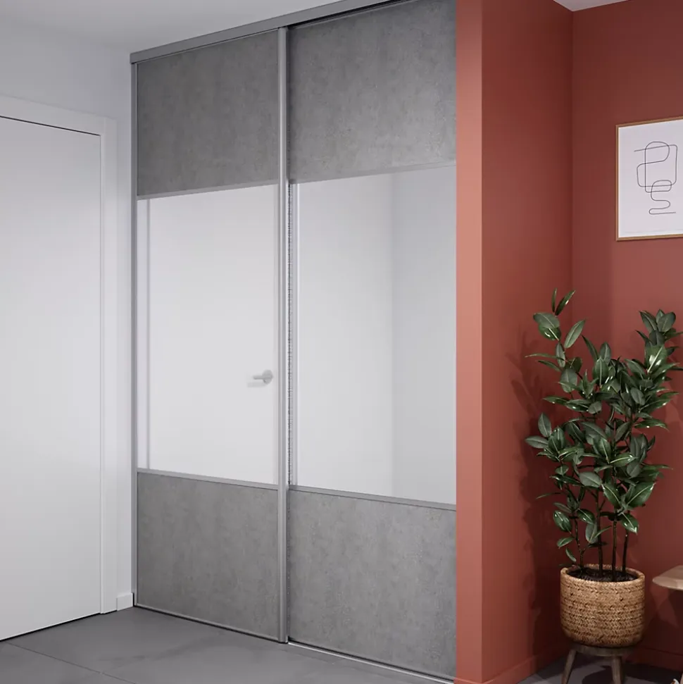 Porte de placard coulissante avec miroir béton profil gris GoodHome Arius H. 248,5 x L. 92.2 cm + amortisseurs