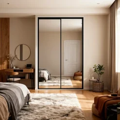 Porte de placard coulissante blanc brillant profil noir GoodHome Arius H. 248,5 x L. 92.2 cm + amortisseurs