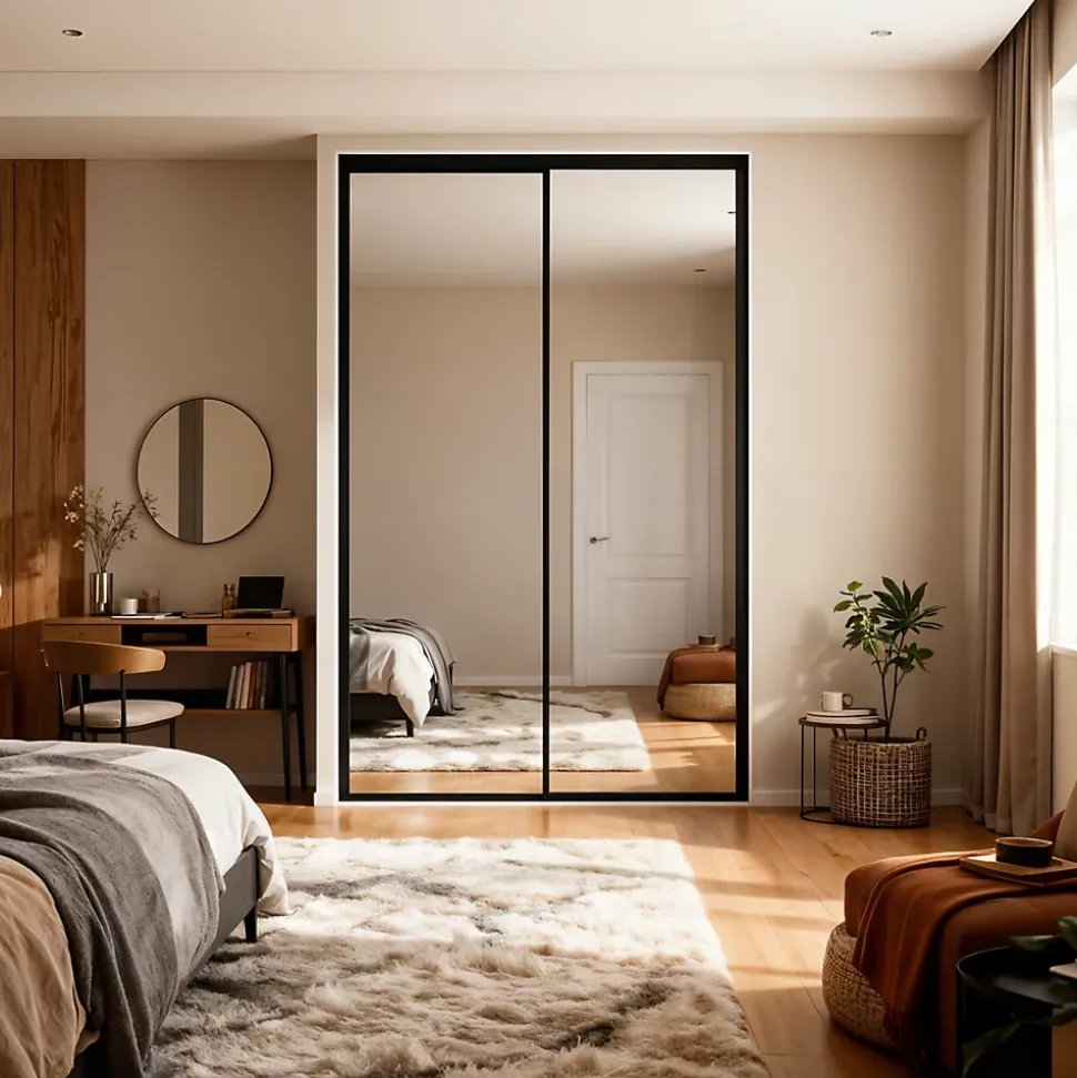 Porte de placard coulissante blanc brillant profil noir GoodHome Arius H. 248,5 x L. 92.2 cm + amortisseurs