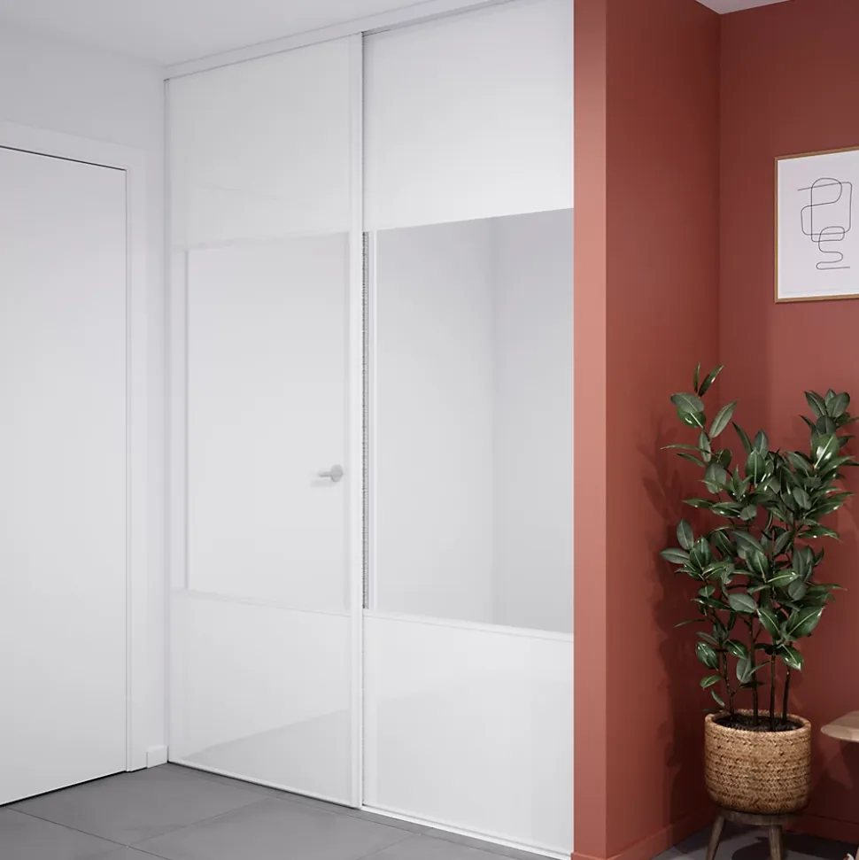 Porte de placard coulissante avec miroir blanc brillant profil blanc GoodHome Arius H. 248,5 x L. 92.2 cm + amortisseurs