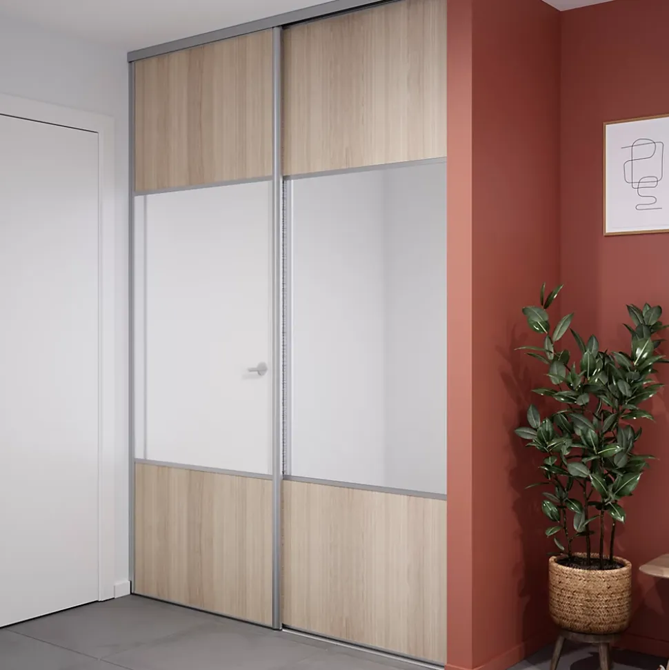 Porte de placard coulissante avec miroir effet chêne clair profil gris GoodHome Arius H. 248,5 x L. 92.2 cm + amortisseurs