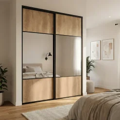 Porte de placard coulissante avec miroir effet chêne brut profil noir GoodHome Arius H. 248,5 x L. 92.2 cm + amortisseurs