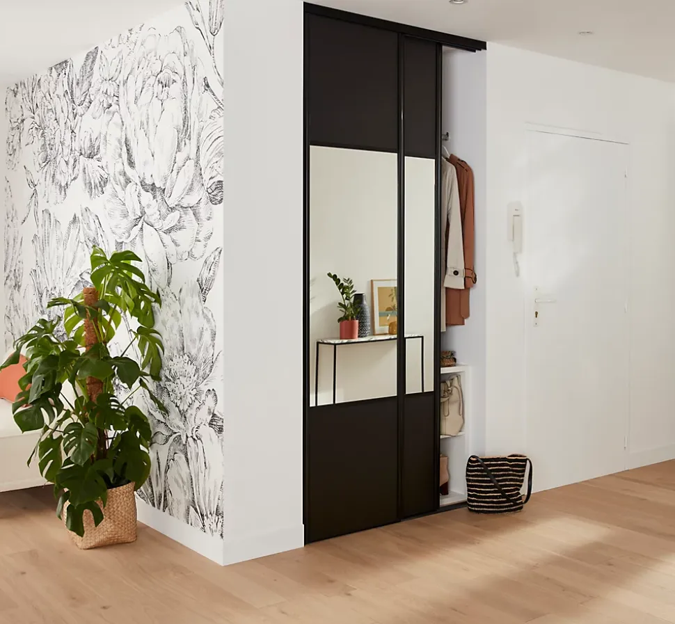 Porte de placard coulissante avec miroir noir mat profil noir GoodHome Arius H. 248,5 x L. 62.2 cm + amortisseurs