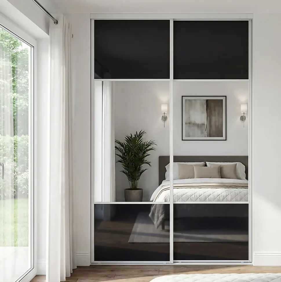 Porte de placard coulissante avec miroir noir profil blanc GoodHome Arius H. 248,5 x L. 77.2 cm + amortisseurs