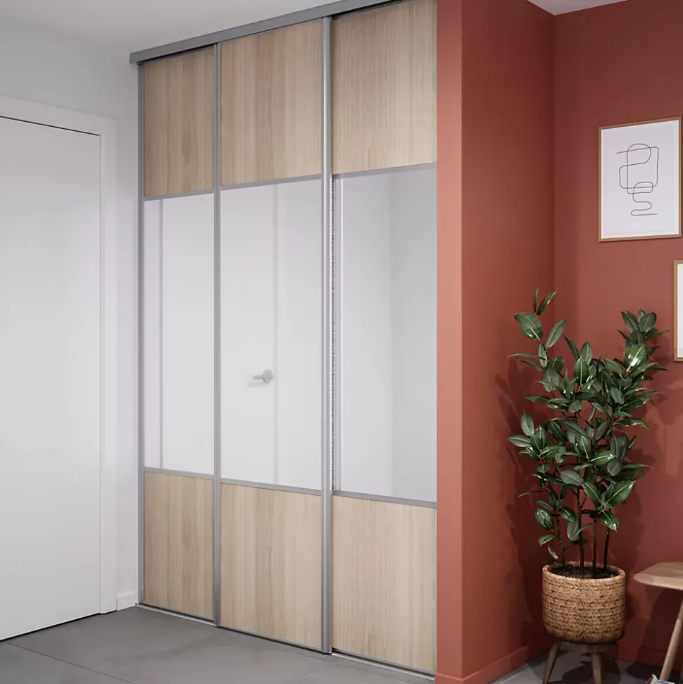 Porte de placard coulissante avec miroir effet chêne clair profil gris GoodHome Arius H. 248,5 x L. 62.2 cm + amortisseurs