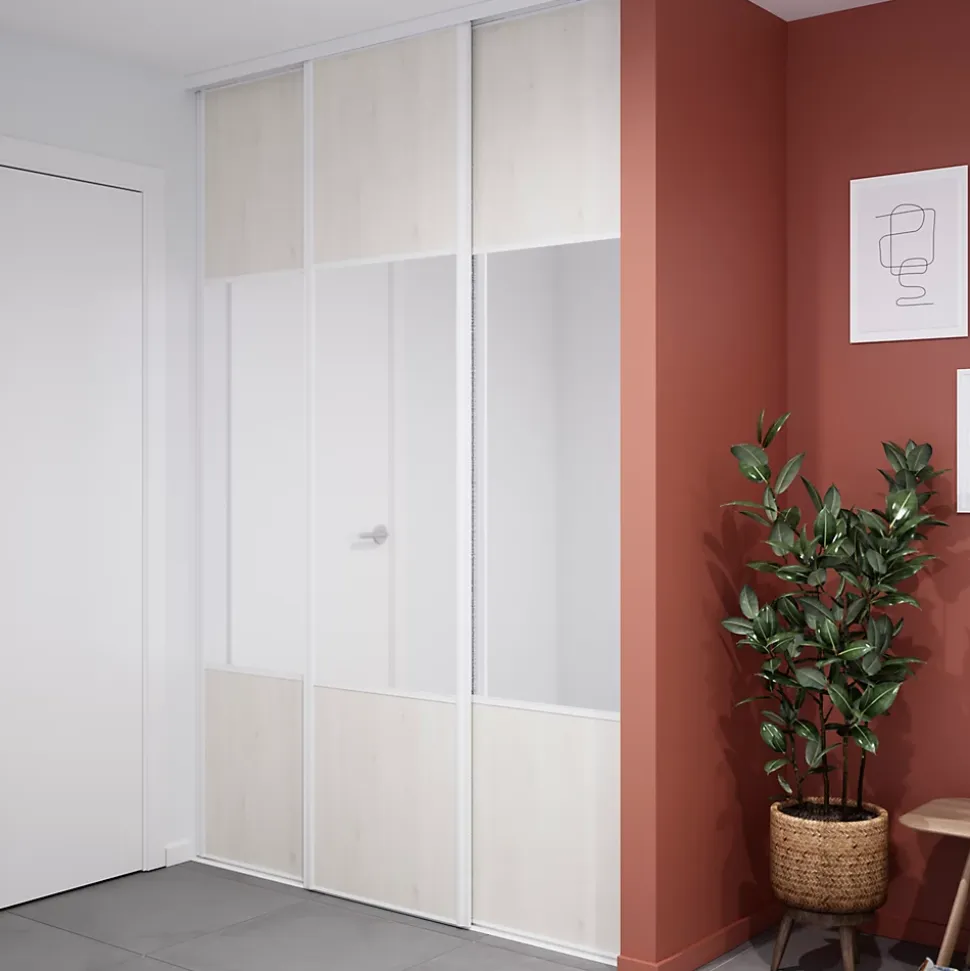 Porte de placard coulissante avec miroir bois nordique profil blanc GoodHome Arius H. 248,5 x L. 62.2 cm + amortisseurs