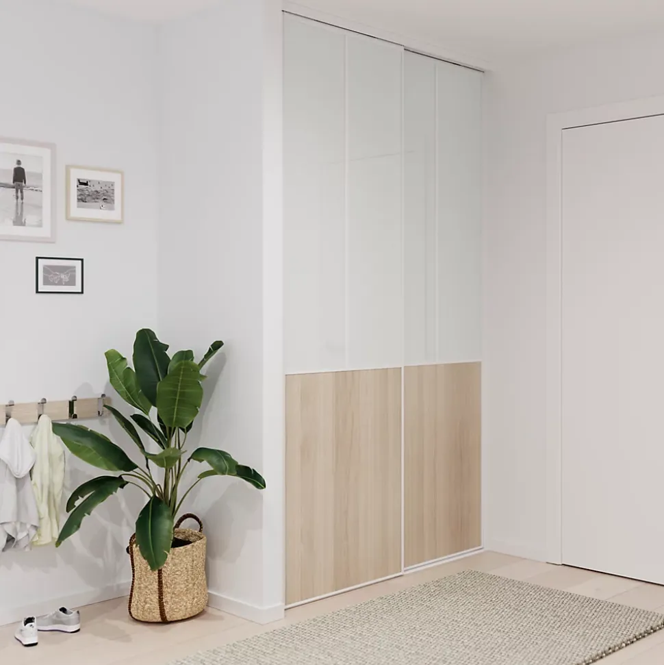 Porte de placard coulissante atelier effet chêne clair profil blanc GoodHome Arius H. 248,5 x L. 61.2 cm + amortisseurs