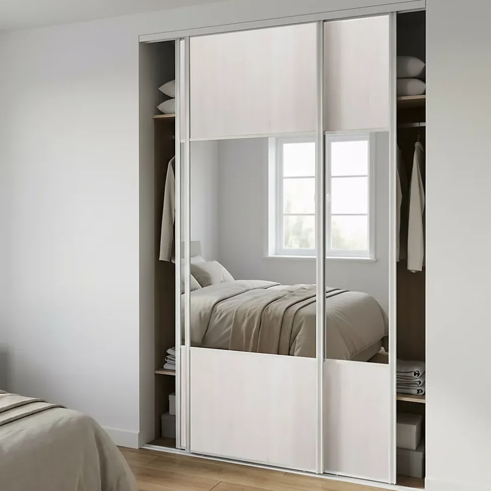 Porte de placard coulissante avec miroir bois nordique profil blanc GoodHome Arius H. 248,5 x L. 92.2 cm + amortisseurs