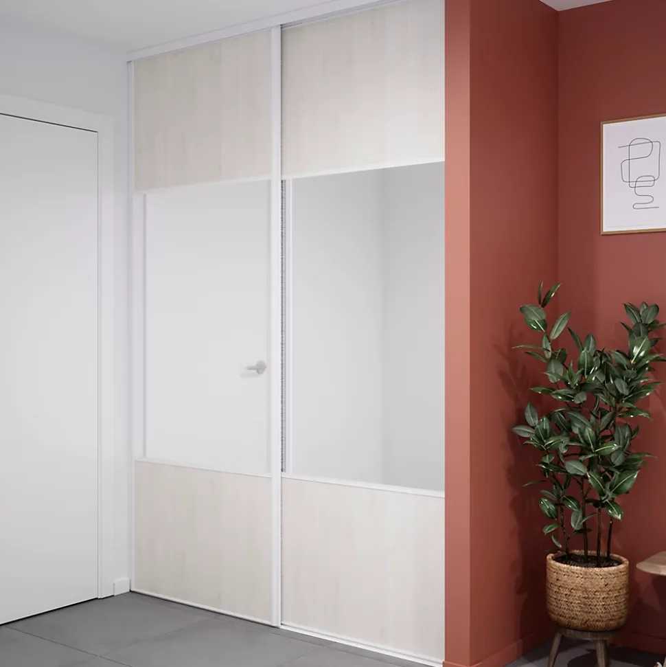 Porte de placard coulissante avec miroir bois nordique profil blanc GoodHome Arius H. 248,5 x L. 92.2 cm + amortisseurs