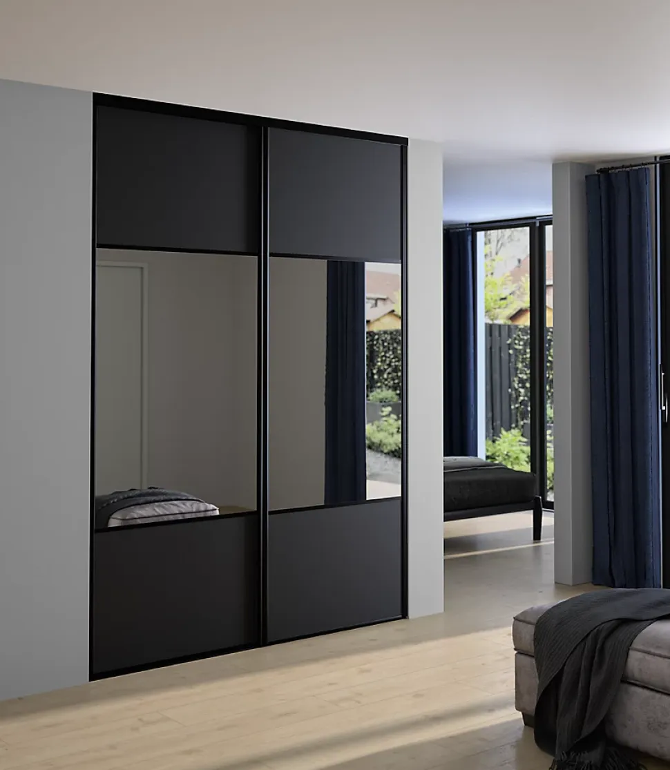 Porte de placard coulissante avec miroir noir mat profil noir GoodHome Arius H. 248,5 x L. 92.2 cm + amortisseurs