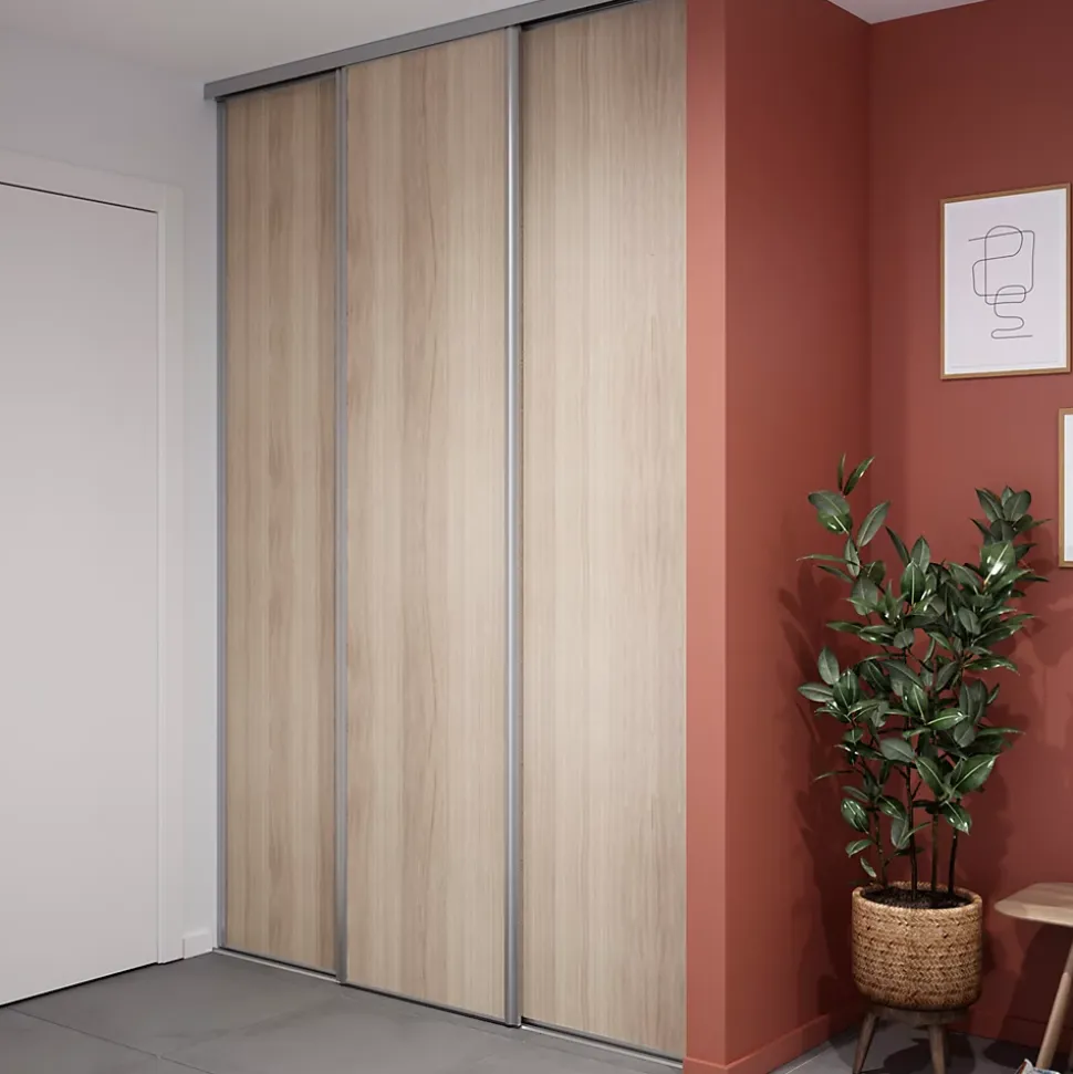 Porte de placard coulissante effet chêne clair profil gris GoodHome Arius H. 248,5 x L. 62.2 cm + amortisseurs