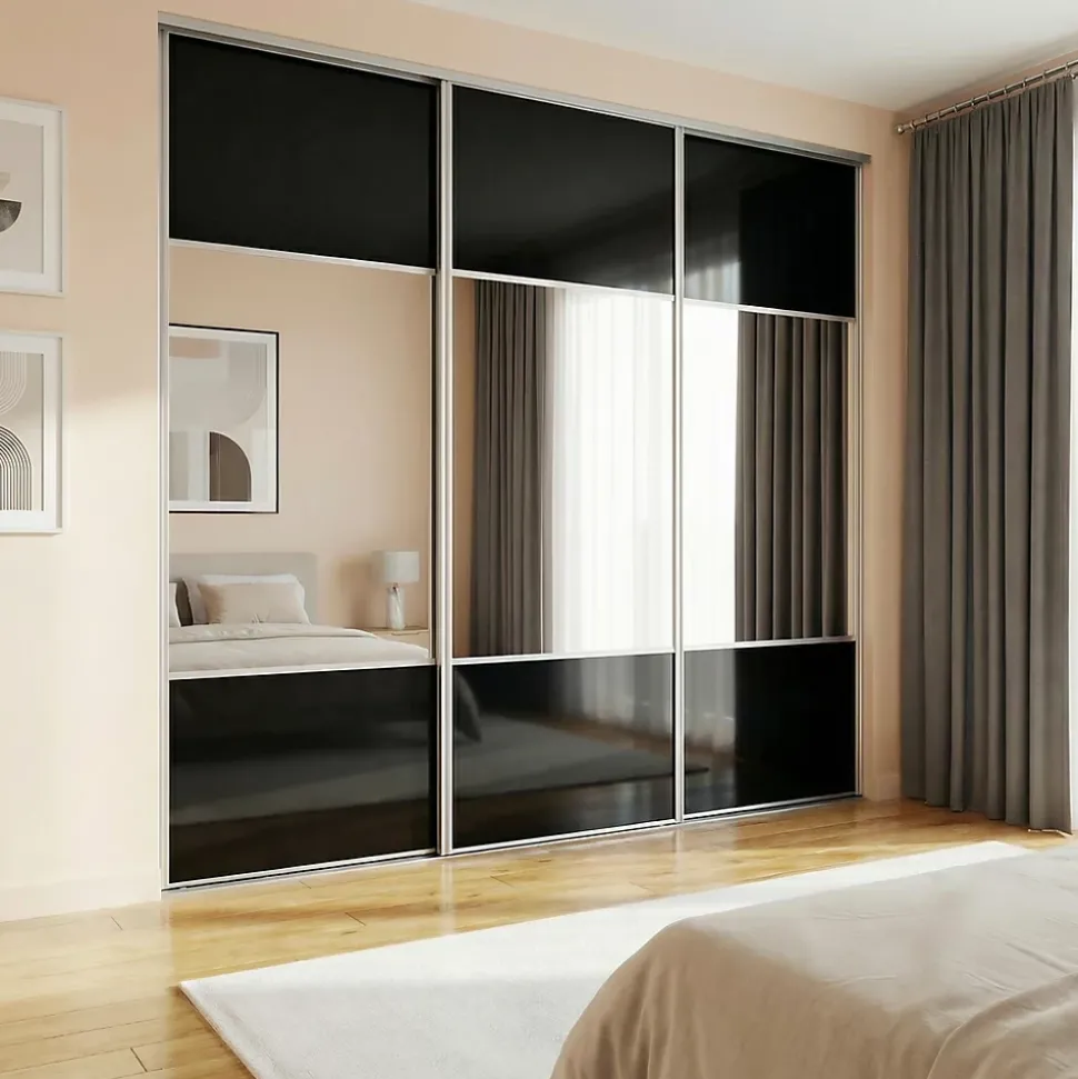 Porte de placard coulissante avec miroir noir mat profil blanc GoodHome Arius H. 248,5 x L. 92.2 cm + amortisseurs