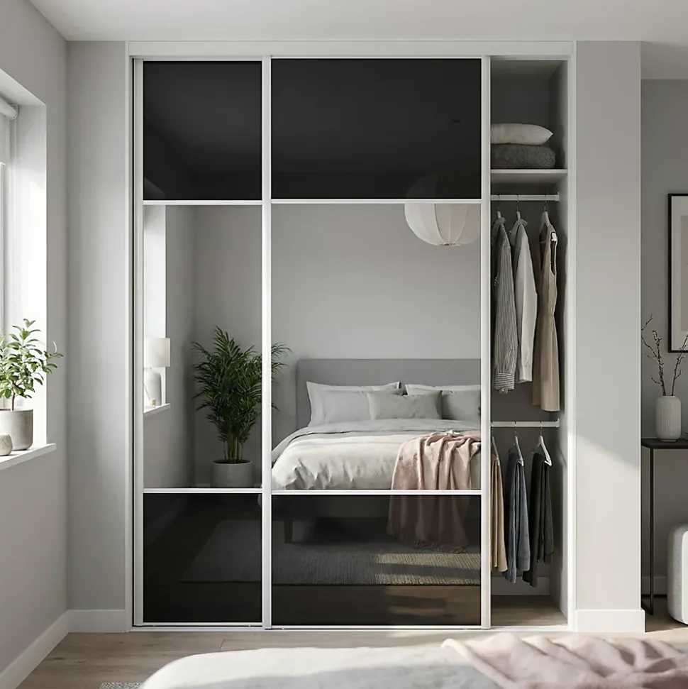 Porte de placard coulissante avec miroir noir profil blanc GoodHome Arius H. 248,5 x L. 92.2 cm + amortisseurs