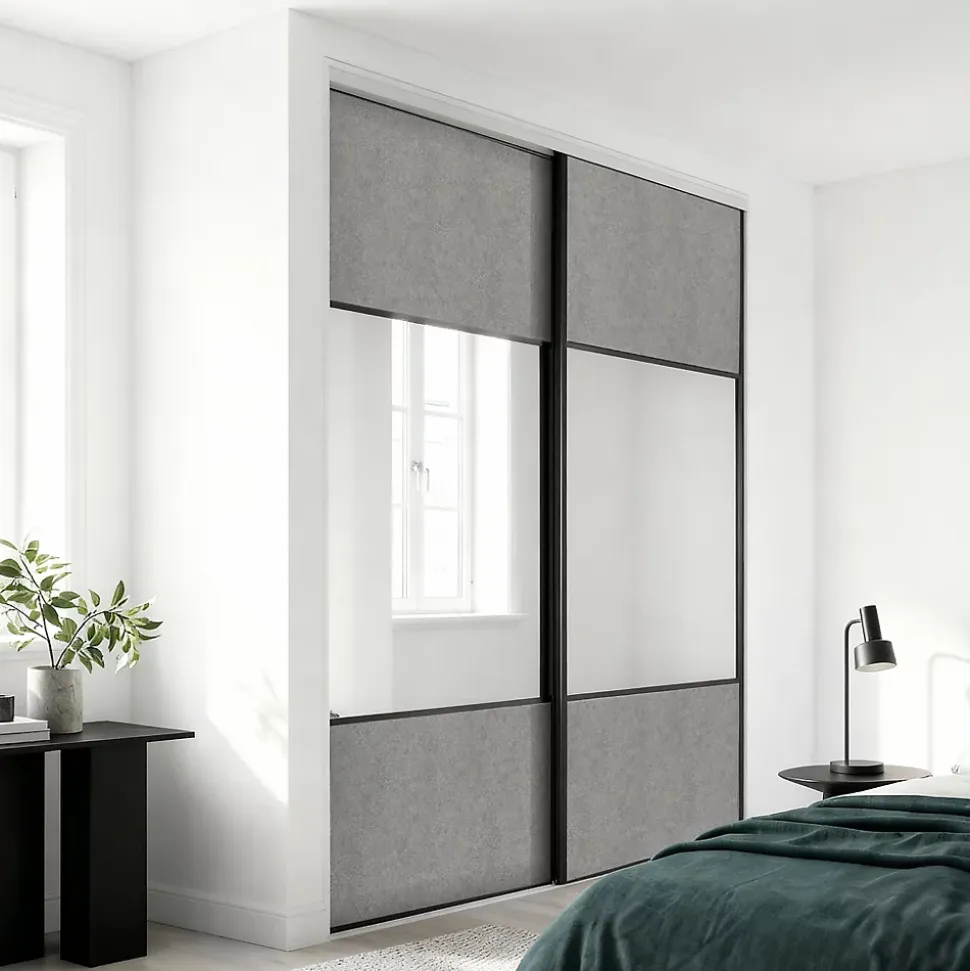Porte de placard coulissante avec miroir béton profil noir GoodHome Arius H. 248,5 x L. 92.2 cm + amortisseurs