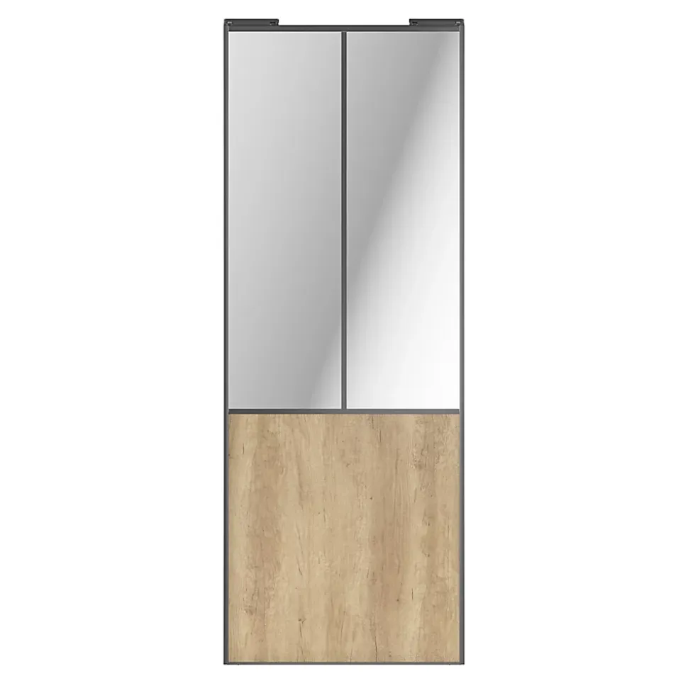 Porte de placard coulissante atelier effet chêne brut profil gris GoodHome Arius H. 248,5 x L. 91.2 cm + amortisseurs