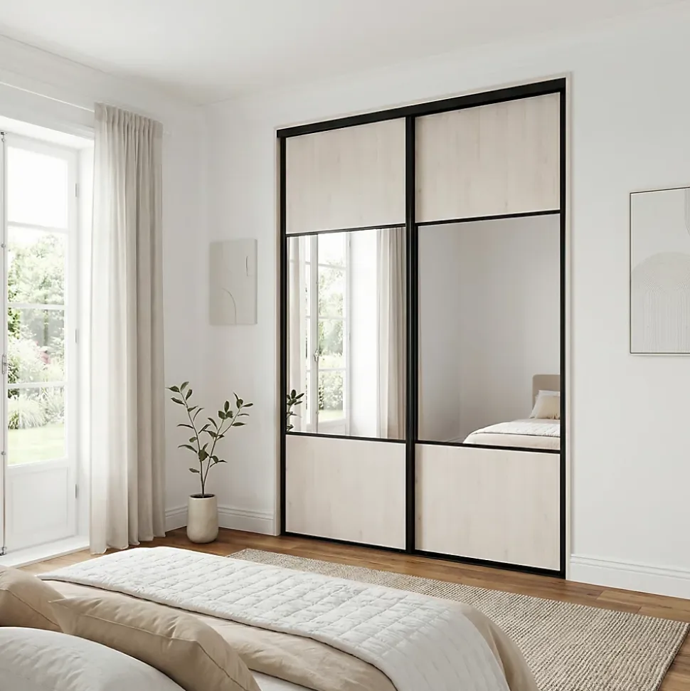 Porte de placard coulissante avec miroir bois nordique profil noir GoodHome Arius H. 248,5 x L. 92.2 cm + amortisseurs
