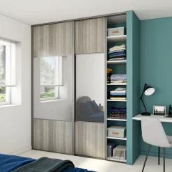 Porte de placard coulissante avec miroir effet chêne grisé profil gris GoodHome Arius H. 248,5 x L. 92.2 cm + amortisseurs