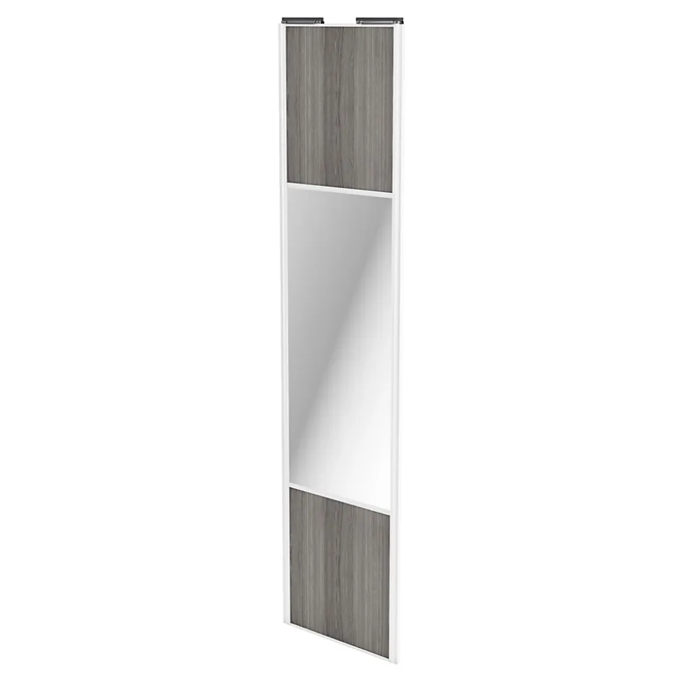 Porte de placard coulissante avec miroir effet chêne grisé profil blanc GoodHome Arius H. 248,5 x L. 62.2 cm + amortisseurs