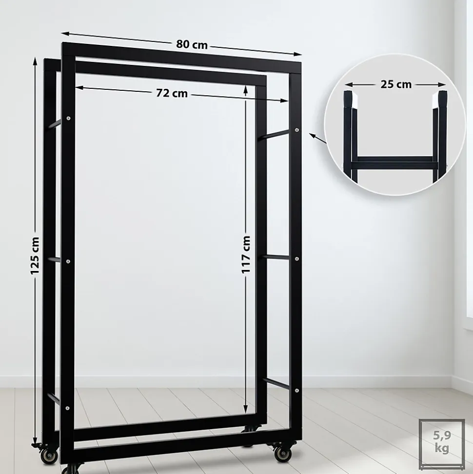Porte-bûches Keri à roulettes, étagère à bois métal noir, rangement bois de chauffage Noir/25x80x125cm