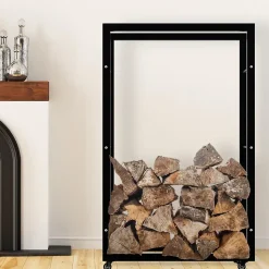Porte-bûches Keri à roulettes, étagère à bois métal noir, rangement bois de chauffage Noir/25x80x125cm