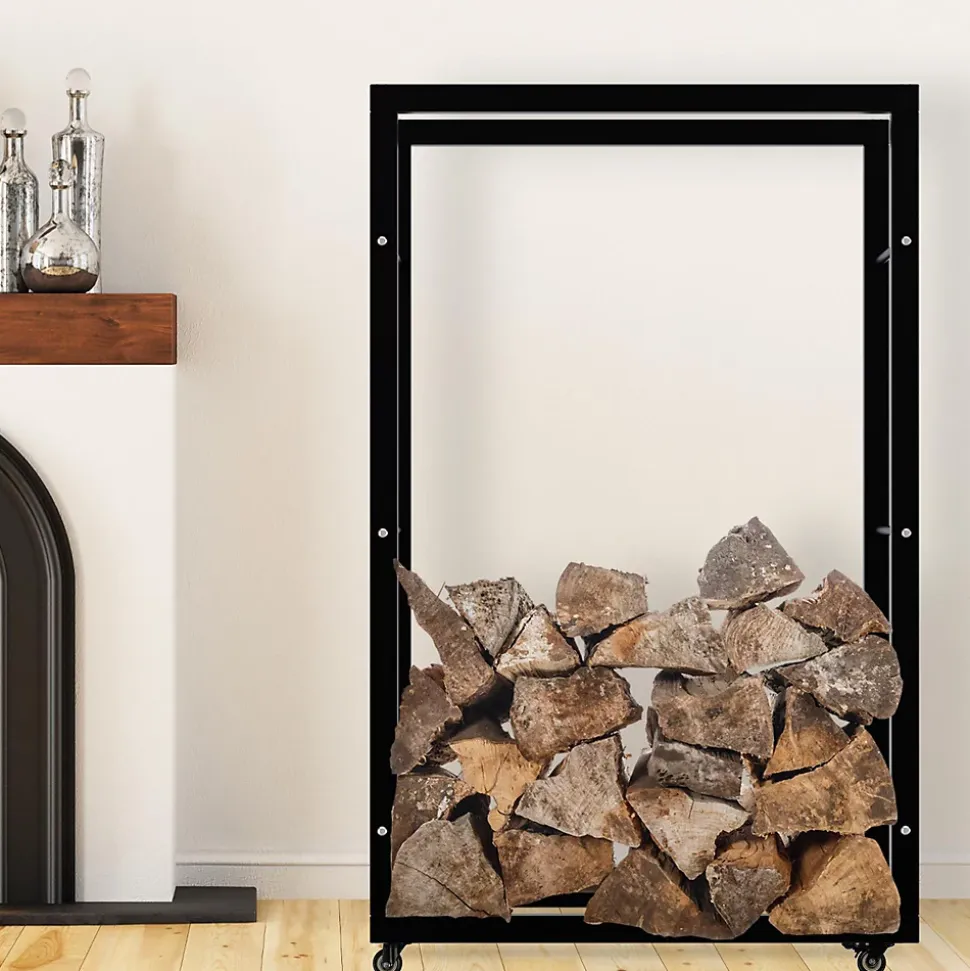 Porte-bûches Keri à roulettes, étagère à bois métal noir, rangement bois de chauffage Noir/25x80x125cm