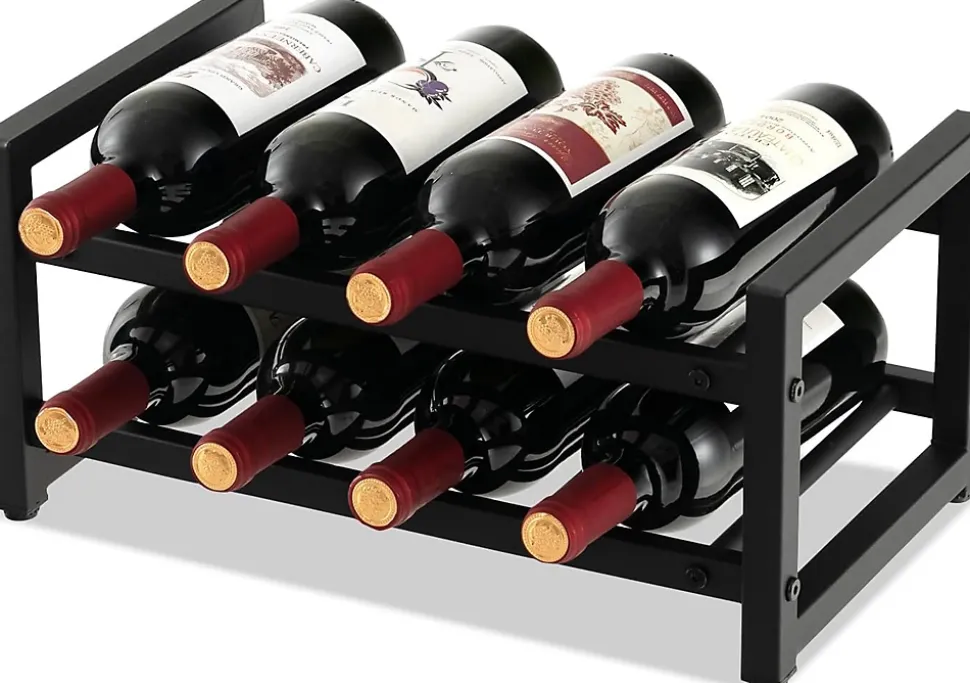 Porte-Bouteille à 2 Niveaux pour 8 Bouteilles, Casier à Vin en Métal Antirouille avec Tapis de Pieds Réglables, Noir