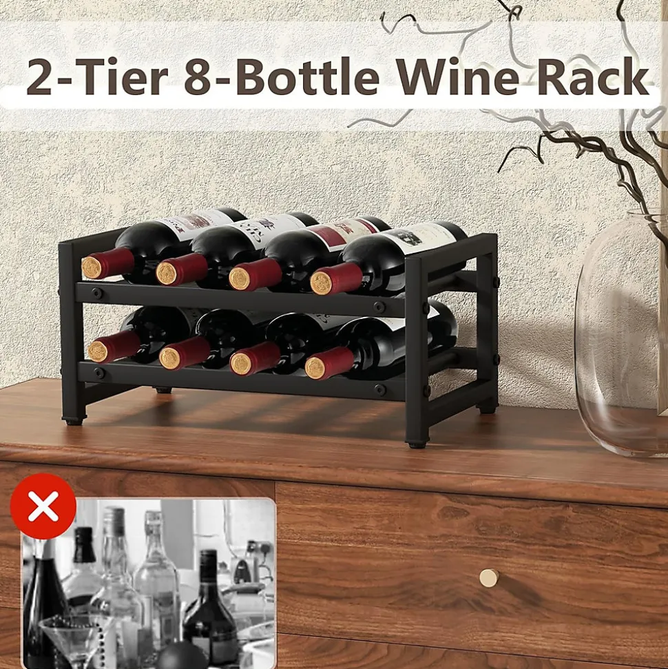 Porte-Bouteille à 2 Niveaux pour 8 Bouteilles, Casier à Vin en Métal Antirouille avec Tapis de Pieds Réglables, Noir