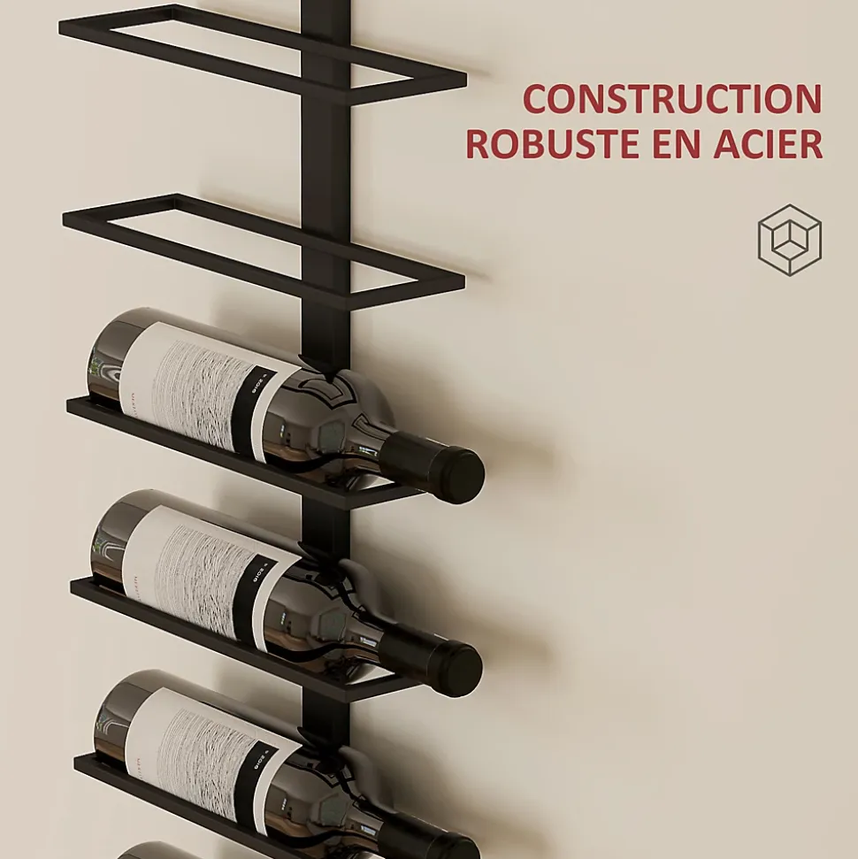 Porte-bouteilles mural 10 bouteilles - casier à vin mural - dim. 27 x 10 x 116 cm - acier noir