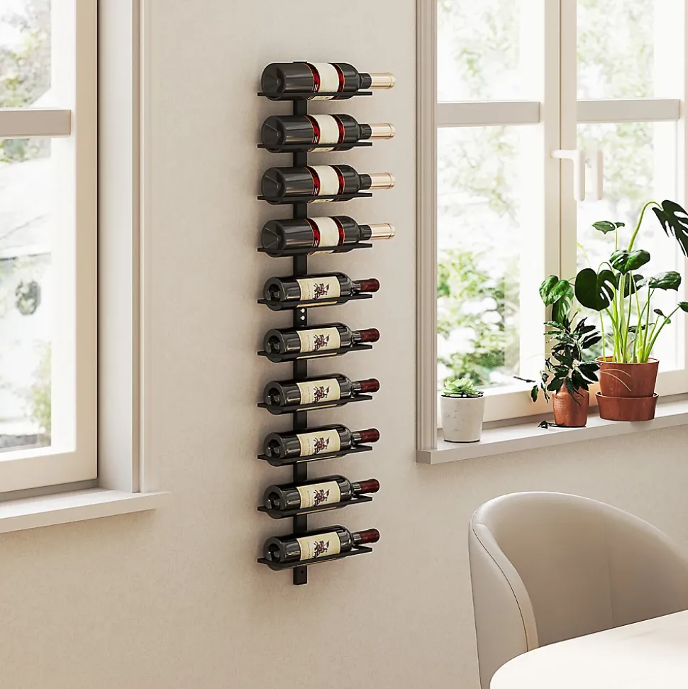 Porte-bouteilles mural 10 bouteilles - casier à vin mural - dim. 27 x 10 x 116 cm - acier noir