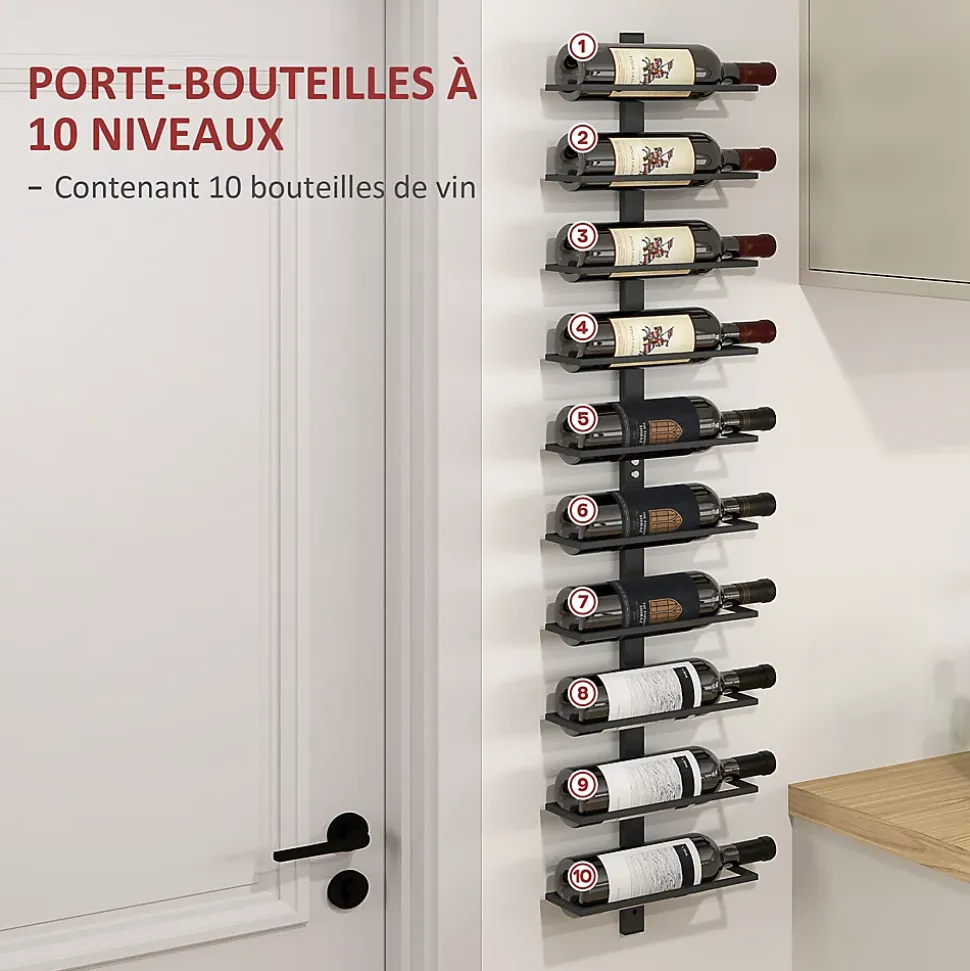 Porte-bouteilles mural 10 bouteilles - casier à vin mural - dim. 27 x 10 x 116 cm - acier noir