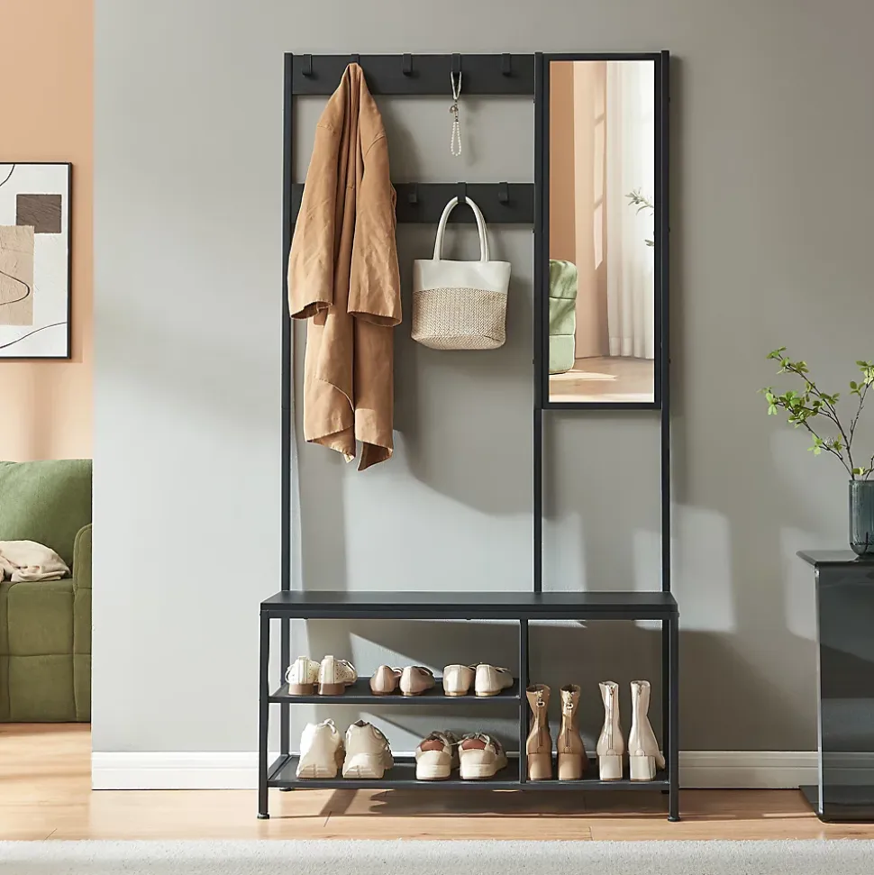 Portemanteau avec miroir et étagère à chaussures Napinerg 185 x 98 x 34 cm noir en.casa