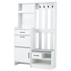 Portemanteau d'entrée 7 en 1 avec banc, 110x35x175,5cm, blanc, étagère à livres, crochets, panneau perforé, tiroirs