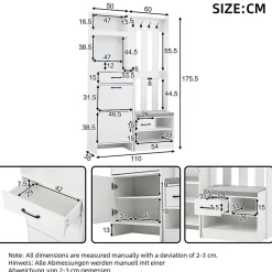 Portemanteau d'entrée 7 en 1 avec banc, 110x35x175,5cm, blanc, étagère à livres, crochets, panneau perforé, tiroirs