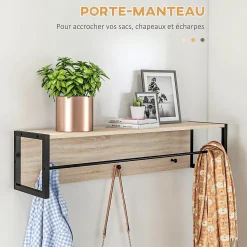 Porte-manteau mural vestiaire d'entrée banc à chaussures 3 compartiments 3 patères barre penderie acier noir aspect chêne clair