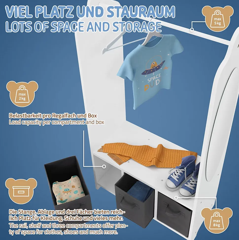 Portemanteau pour enfants avec étagère tringle 3 compartiments et miroir